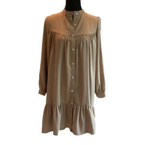 Women's Khaki Ruffle Hem Pleated Button Up Prairie Dress Size Medium